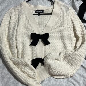 Express Cream and Black Cardigan with Bow Accents